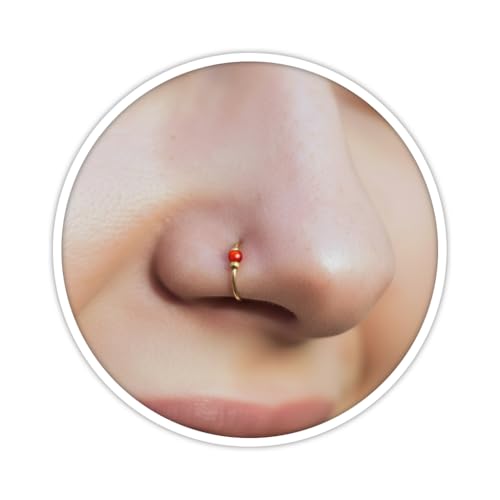 925 Sterling Silver & 14K Gold Filled Nose Ring Hoop Handmade Piercing Jewelry For Women - 24 Gauge 2mm,7mm Tiny Nose Ring with Opal - Gift Ready - color: Red Opal Gold