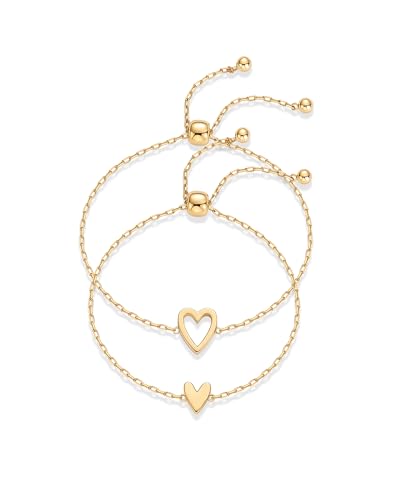 PAVOI 14K Gold Plated Matching Heart Charms Solitaire Bracelet Set for Women | Adjustable Valentines Day Love Friendship Two Bracelet Pack - style: 2-Piece Set