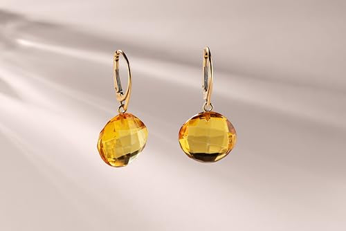 Leverback Dangle Earrings for Women – Gold-Plated 925 Silver Drop Earrings with Natural Yellow Baltic Amber Piece, Lightweight Jewelry with Secure Closure for Everyday Elegance - color: Faceted Cushion