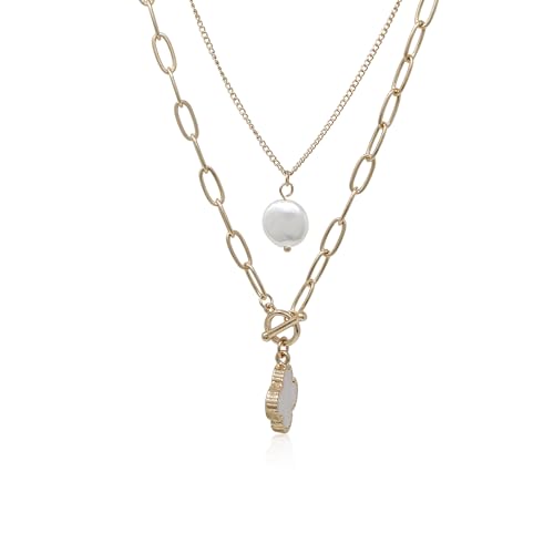 POMINA Chunky Thick Coin Necklace Trendy Fashion Statement Toggle Necklace Worn Gold Tone Pendant Thick Link Chain Layered Pearl Necklace - color: 2PC Clover/Pearl_Worn Gold