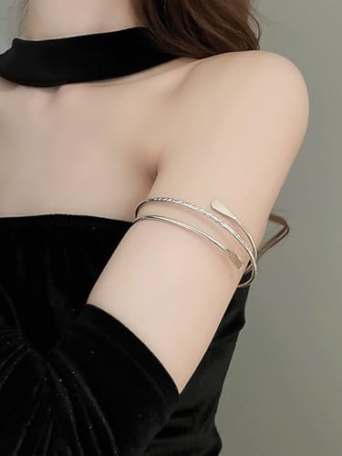 Minimalist Arm Cuff Bracelet Layered Armband Elegant Cuff Bangle Round Bracelet Stackable Geometric Jewelry for Women Men - color: 3layered silver