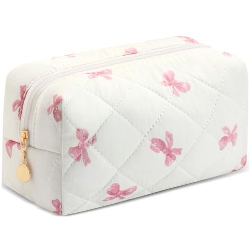 Small Makeup Bag Quilted Cosmetic Bag Floral Travel Toiletry Bags for Women Cute Pencil Case Quilted Makeup Pouch Aesthetic Coquette Cosmetic Pouch Cotton Make Up Bags Cute Zipper Pouches White - color: Ae-pink bow