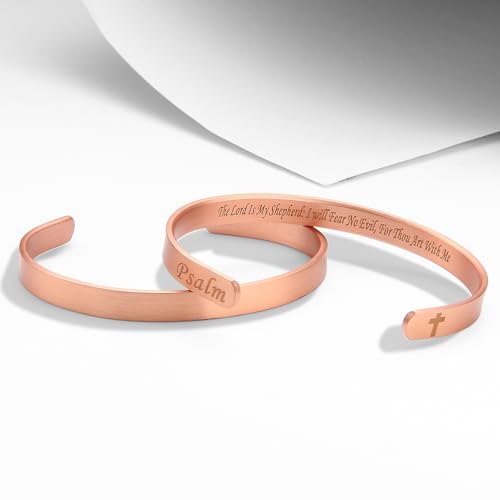 MagEnergy Cross Copper Bracelet for Men Women Engraved Quote Religious Cuff Bracelet Solid Copper Faith Christian Bible Verse Quotes - style: Psalm 23