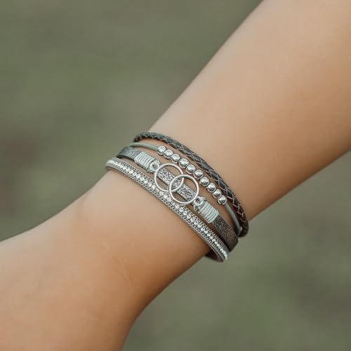FANCY SHINY Boho Leather Wrap Bracelet Stackable Infinity Chunky Cuff Bracelets Western Hippie Outfits Jewelry Valentine Gifts for Women - color: Grey