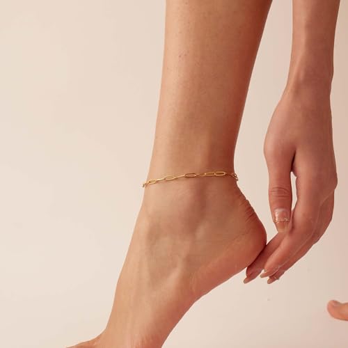 Dainty Ankle Bracelets for Women 18K Gold Plated Satellite Beaded Herringbone Lip Chain Anklets Simple Minimalist Summer Beach Foot Jewelry Christmas Gifts - color: Paperclip-Gold
