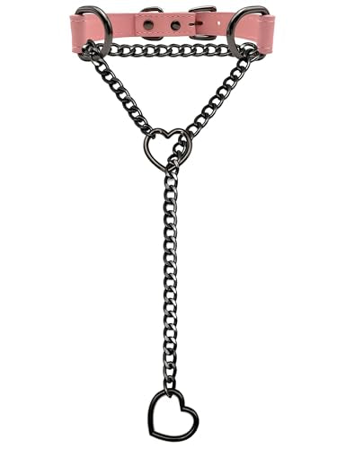 Black Leather Choker Collar For Women, Handmade Heart Slip Chain Choker Long Necklace with Adjustable Buckle - color: B-Pink-Black-Black, size: 18''chain