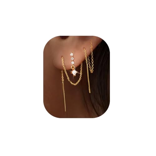 Trendy Zircon Tassel Chain Threader Earrings Set for Women Chain Dangle Earrings Dainty Rhinestone Hoop Earrings Set for Women Stack Jewelry Long Drop Ear Line - color: Gold-one ear-C