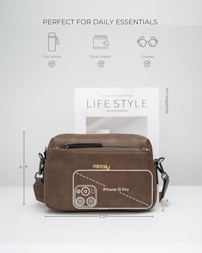 Alldaily Small Triple Zip Crossbody Purse for Women, Vegan Leather Phone Bag with Wide Shoulder Strap - color: Chocolate