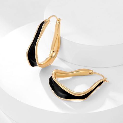 Chunky Hoop Earrings for Women Thick Minimalist Geometric Huggie Hoop Earrings Dainty Thick Y2K Preppy Earrings - style: irregular wave black
