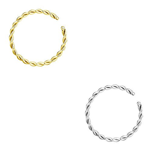 Forbidden Body Jewelry Nose Rings Set Surgical Steel Braided Hoops for Pierced and Fake Nose and Cartilage Piercings 14G-20G - style: 18g 8mm Silver/Gold Tone (2Pcs)
