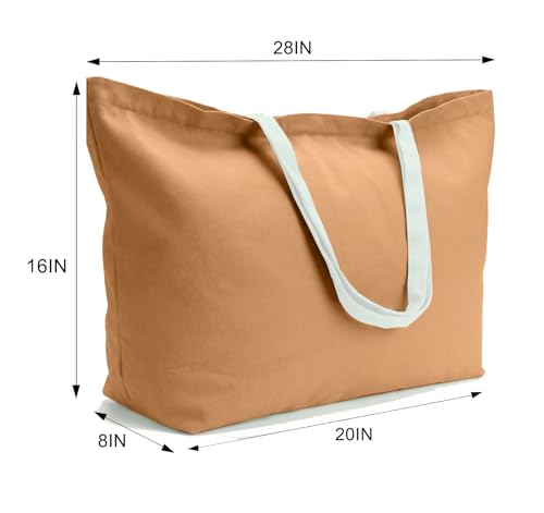 Large Canvas Tote Bag-Extra Big Shopping Beach Totes Bags Reusable Largest Grocery Plain Solid Bag 28"x8"x16" - color: Brown With Zipper