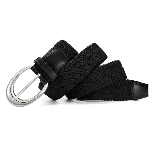 LEACOOLKEY Stretchy Braided Golf Belt for Women Elastic Woven Belts Unisex Elastic Fabric Belt for Jeans Pants - color: Black/Silver Buckle, size: Fit waist size below 27"