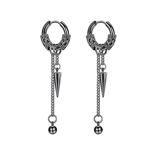 Sonateomber Gothic Silver Black Small Hoop Earrings for Women Men, Punk Hip Hop Engrave Beaded Goth Dangle Drop Earings Halloween Costumes Accessories Prom Fashion Jewelry Gift - color: Black Spike