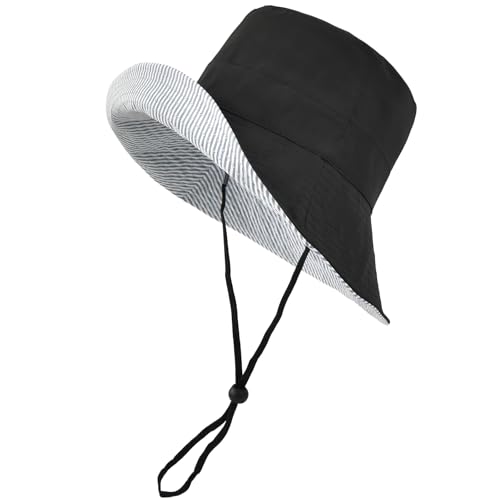 Women's Summer Sun Hat - Reversible Design with Striped Lining Adjustable Brim for Travel and Outings Cap - color: Stripes-black