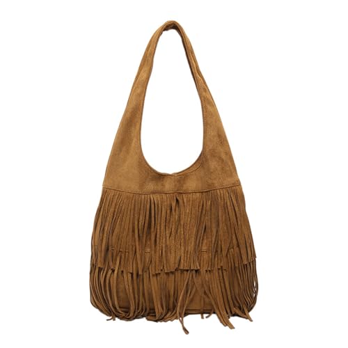 CORIOS Women Suede Handbag Vintage Fringe Hobo Bag Shoulder Bag with Tassel Hippie Western Purse Large Tote Bag - color: Brown