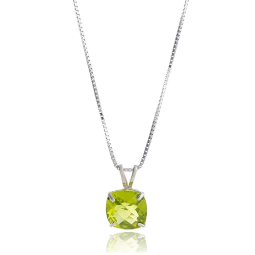 MAX + STONE Cushion Cut Gemstone Necklace | 8mm Solitaire Birthstone Necklace for Women | Gemstone Pendant Necklaces with 18 inch Box Chain - color: Peridot