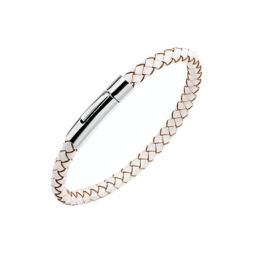 KunBead Braided Mens Leather Bracelets for Women with Stainless Steel Clasp Cuff Bangle Birthday Bracelet - color: White