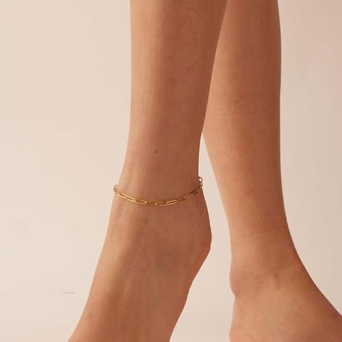Dainty Ankle Bracelets for Women 18K Gold Plated Satellite Beaded Herringbone Lip Chain Anklets Simple Minimalist Summer Beach Foot Jewelry Christmas Gifts - color: Paperclip-Gold