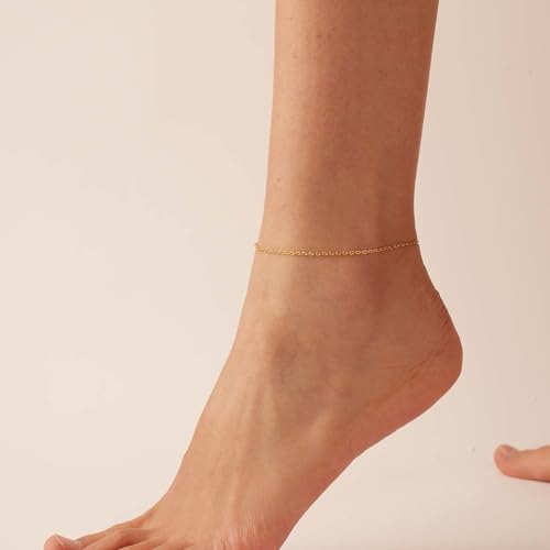 Dainty Ankle Bracelets for Women 18K Gold Plated Satellite Beaded Herringbone Lip Chain Anklets Simple Minimalist Summer Beach Foot Jewelry Christmas Gifts - color: O Chain-Gold