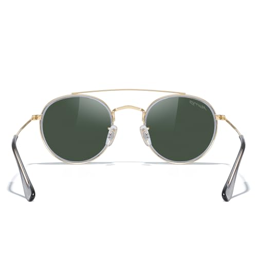 MERRY'S Retro Round Polarized Sunglasses - Unisex Double Bridge Sun Glasses - color: Tra Gray Frame/Gold Bridge/G15 Lens