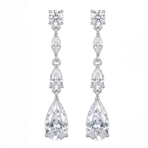 SWEETV Cubic Zirconia Dangle Earrings for Women, Teardrop Bridal Earrings for Wedding, Brides, Bridesmaids, Pear Shaped Drop Earrings for Women Prom Formal Party, Silver - color: Silver-Style2