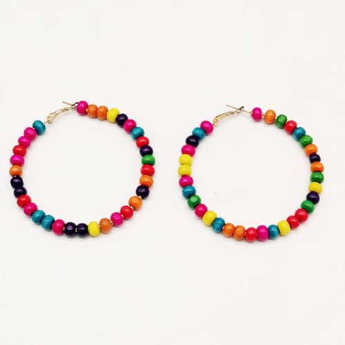 Bohemian Colorful Acrylic Resin Matte Beads Round Circle Hoop Drop Dangle Minimalist Chic Lightweight Earrings for Women Boho Geometric Beaded Statement Jewelry - color: mix