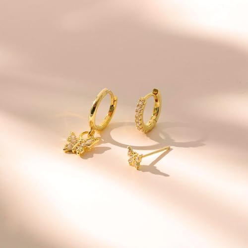 3 Pairs Small Earring Stacks, 14K Gold/Silver/Black/Rose Gold Plated Pearl Heart Butterfly Star Diamond Charm Drop Huggie Earrings Trendy Jewelry Gift for Women - color: Gold-Butterfly