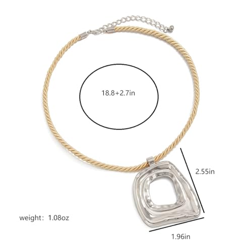 Chunky Gold Large Hollow Square Pendant Long Rope Necklaces for Women, Boho Big Silver Ethnic Style Necklace Statement Party Festival Jewelry Gifts - color: Silver