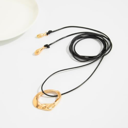 Statement Pendant Necklace for Women Minimalist Black Long Wax Rope Geometric Irregular Circular Pendant Necklace Vintage Adjustable Leather Necklaces Jewelry for Women - style: gold