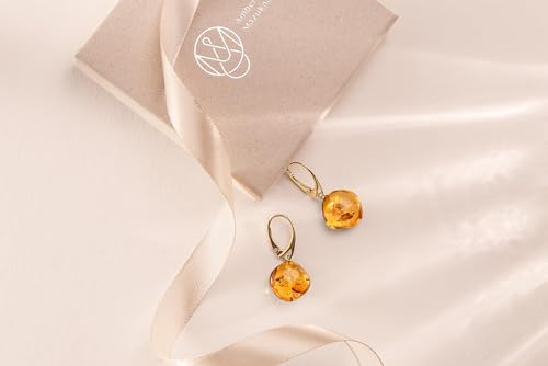 Leverback Dangle Earrings for Women – Gold-Plated 925 Silver Drop Earrings with Natural Yellow Baltic Amber Piece, Lightweight Jewelry with Secure Closure for Everyday Elegance - color: Amber Cushion