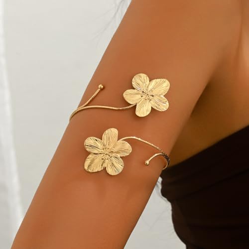 Arm Cuff for Women Gold Upper Arm Bracelet Minimalist Adjustable Cuffs Bangle Punk Dress Jewelry - style: Flower B