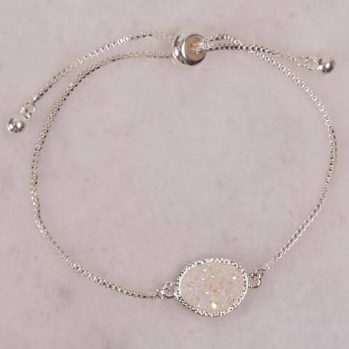 Humble Chic NY Simulated Druzy Chain Bracelet for Women - Boho Stackable Adjustable Bolo Slider Bracelet - color: Silver - White Created Opal