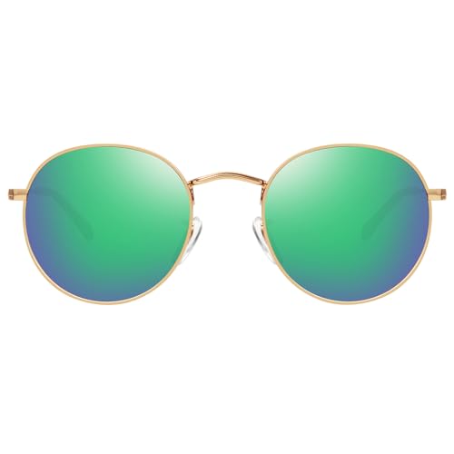 MEETSUN Round Polarized Sunglasses for Women Men Classic Retro Metal Frame Sun Glasses UV Protection - color: Gold/Green
