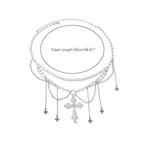 Ayliss Gothic Cross Waist Chain Belt Goth Punk Belt Pearl Beaded Belly Emo Y2k Grunge Accessories for Halloween Cosutme