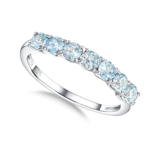 3.5mm Stackable Rings S925 Sterling Silver Created Birthstone & Cubic Zirconia Ring for Women Wedding Bands Anniversary Birthday Jewelry Size 6 to 10(with Box) - color: 03-Created Aquamarine-Mar