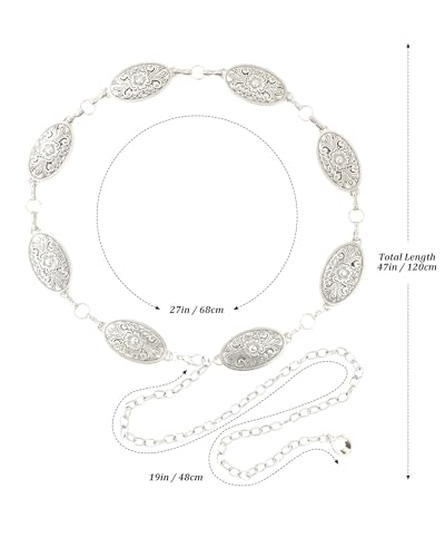 AWAYTR Chain Belt for Women – Adjustable Boho Metal Waist Chain Belt Gold Sliver for Dresses Jeans Country Concert Outfit - color: Sliver-floral Oval