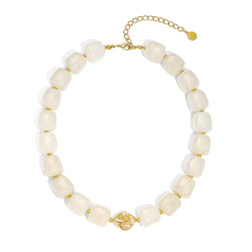 Colorful Chunky Necklaces for Women Multicolored Large Square Acrylic Beads Necklace Trendy Bold Statement Beaded Necklace Summer Vacation Choker Jewelry - color: White