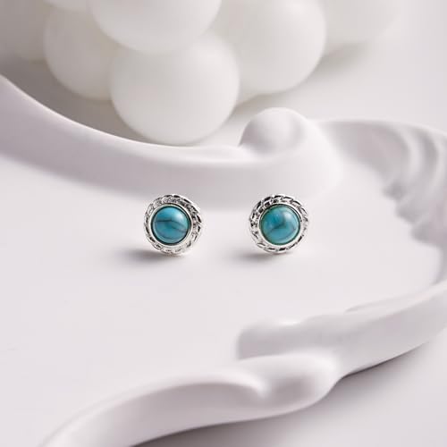 Tibetan Turquoise Earrings 925 Sterling Silver Post Stud Boho Gemstone Hypoallergenic Handmade Earrings for Women Trendy Fashion - style: Round B