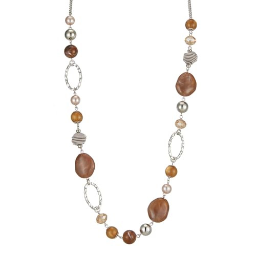 BULINLIN Beaded Long Necklace for Women Silver Sweater Chain Necklace with Crystal Resin Beads, Fashion Jewelry Necklace - color: Brown