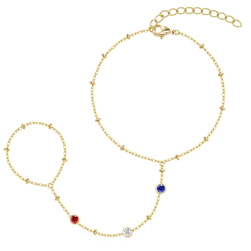 Poxtex Waterproof 14K Gold Plated Hand Chain Bracelet for Women, Non Tarnish Hypoallergenic Beaded Finger Ring Bracelet with Cubic Zirconia, Dainty Minimalist Boho Indian Style Stackable Wrist Body Jewelry for Summer Festival Vacation - color: Red/White/B