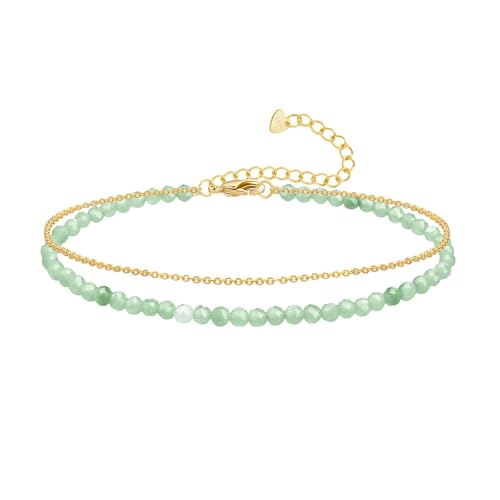 Ankle Bracelet for Women, Dainty 18k Gold Natural Stone Beaded Anklet Adjustable Double Ankle Chain Waterproof Summer Boho Foot Jewelry Birthday Anniversary Graduation Gifts - color: Aventurine