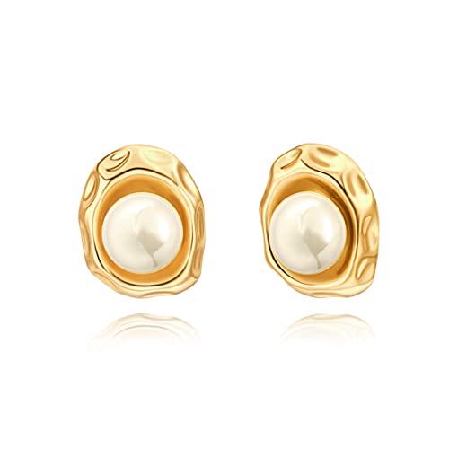 18K Gold Love Knot Stud Earrings for Women Statement Button Pearl Stud Earrings Minimalist Cute Small Post Earring - color: 2. Pearl