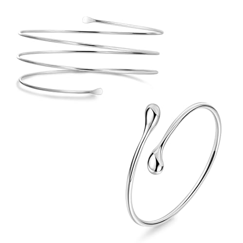 2Pcs Arm Cuff Gold Upper Arm Cuff for Women Adjustable Upper Arm Bracelets Open Irregular Arm Bangle Minimalist Coil Swirl Armlets Armband Jewelry - style: styleC silver