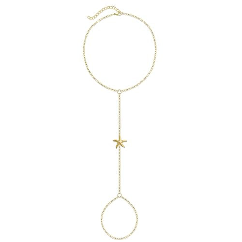Gokeey Gold Hand Chain Bracelet for Women Trendy, Dainty 14k Gold Plated Ring Bracelet Hand Chain Finger Ring Slave Cuff Bracelet Cubic Zircon Hand Jewelry for Women Accessories - style: cute Starfish hand chain