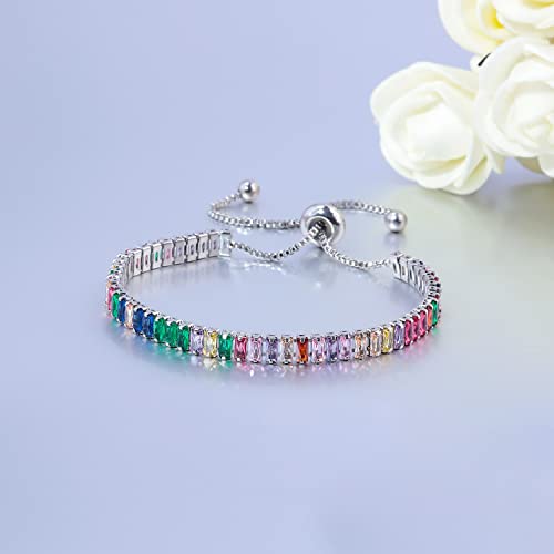 CiNily Adjustable Tennis Bracelets for Women Teen Girls Rainbow Cubic Zirconia Bracelet 14K White Gold Plated Hypoallergenic Slider Bracelet Jewelry Gift - color: Adjustable-Square White Gold