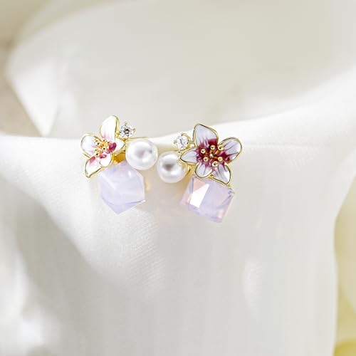 Pink Flower Earrings for Women, 925 Sterling Silver Stud Earrings, Cute Plumeria Earrings For Women, Cherry Blossom Hypoallergenic Stud - color: Pink Crystal Cherry Blossom