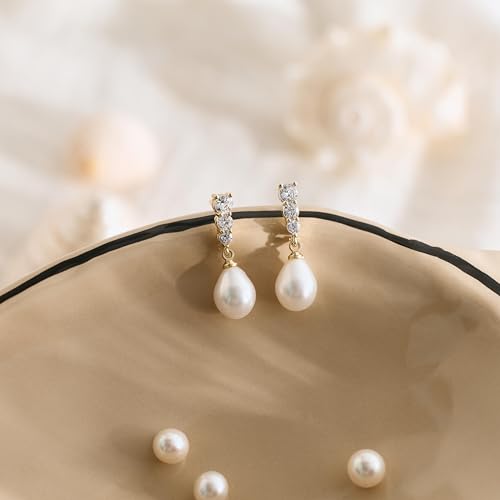 Pearl Earrings for Women, 14k Gold Plated Trendy Diamond Pearl Drop Earrings Hypoallergenic Dainty Bridal Gifts Wedding jewelry for Women - color: C—Silver