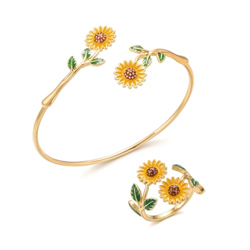 Caiyao 2Pcs Adjustable Sunflower Open Cuff Bangle Bracelets Ring Gold Tone Enamel Daisy Flower Floral Upper Arm Armband Bracelet for Women Boho Summer Inspired Floral Jewelry Gifts - style: StyleA