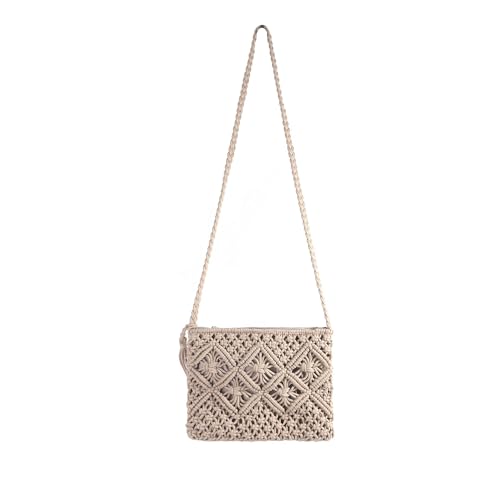 Eiyye Handmade Crochet Purse Boho Cotton Rope Crossbody Shoulder Bag with Tassel Casual Bag for Women - color: Light Khaki