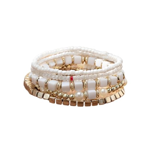 LSxAB Women Multilayered Beads Bracelet Set Stackable Boho Style Beaded Stretch Strand Wrap Birthday Jewelry - style: White 5PC